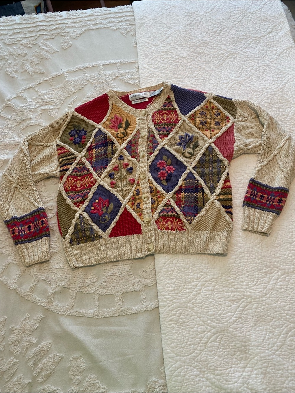 Vtg 90’s Robert Scott Ltd Chunky Patchwork Cardigan Sweater Hand Knitted